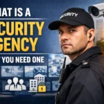 Security agency guard managing access control at office building