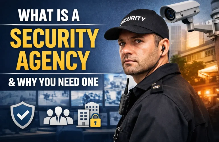 Security agency guard managing access control at office building