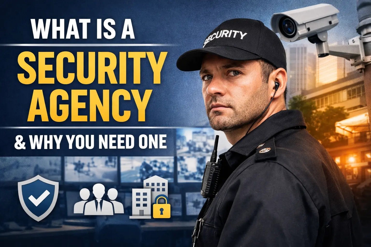 Security agency guard managing access control at office building